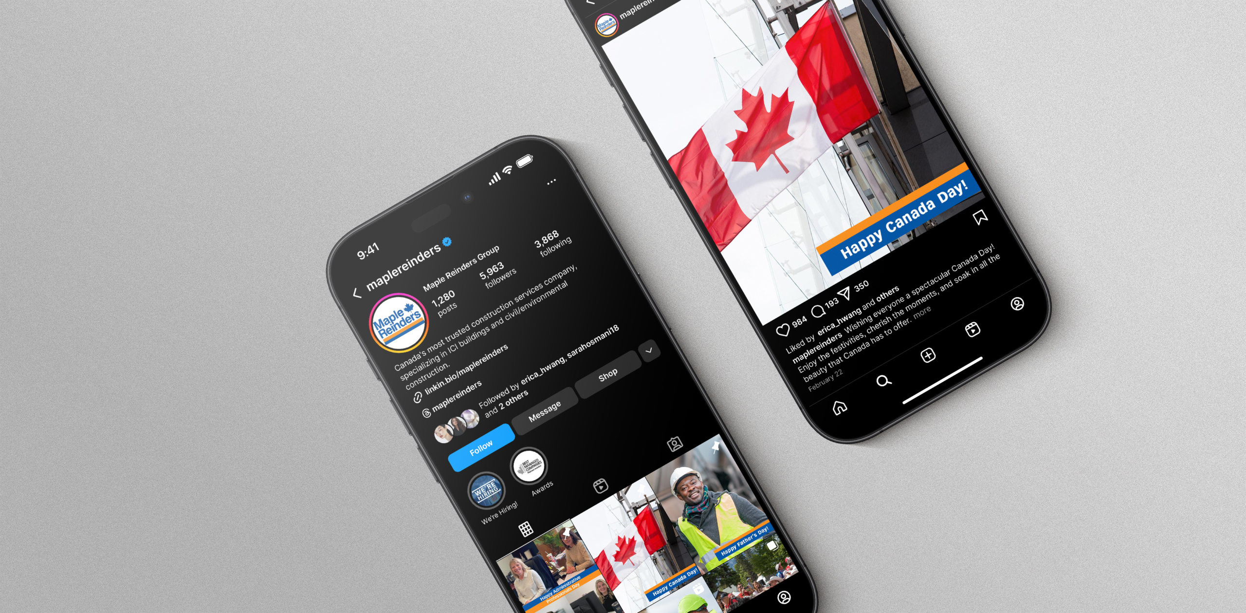 Maple Reinders' Instagram profile displayed on mobile devices, featuring a Canadian flag and a post celebrating Canada Day, highlighting the company's brand engagement and social media strategy.