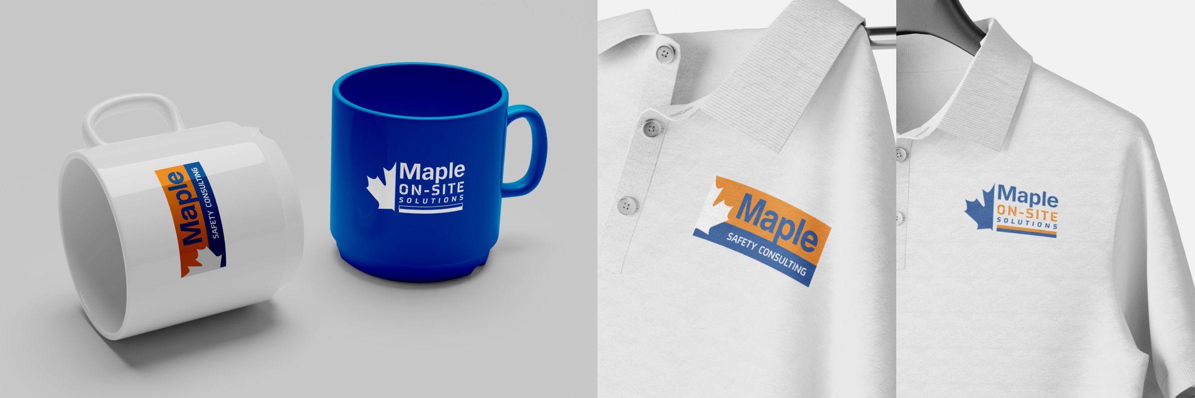 New service logos for Maple Reinders, featuring "Maple On-Site Solutions" on a blue mug and "Maple Safety Consulting" on a white polo shirt, showcasing brand identity and service expansion.
