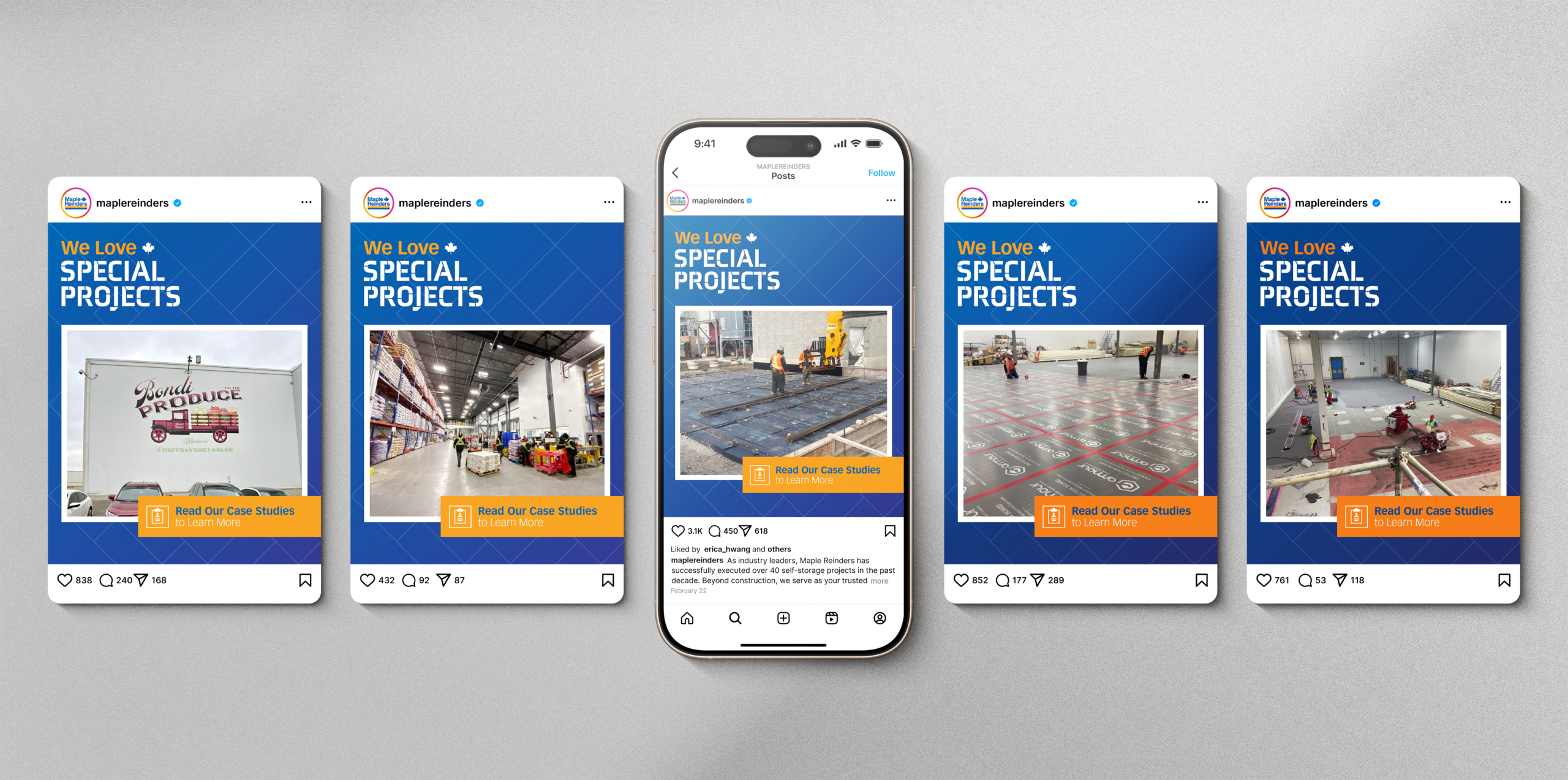 Collage of Maple Reinders' social media posts promoting their Special Projects vertical, featuring images of various construction projects, including cold storage and food processing, with the tagline "We Love SPECIAL PROJECTS" and a call-to-action to "Read Our Case Studies."
