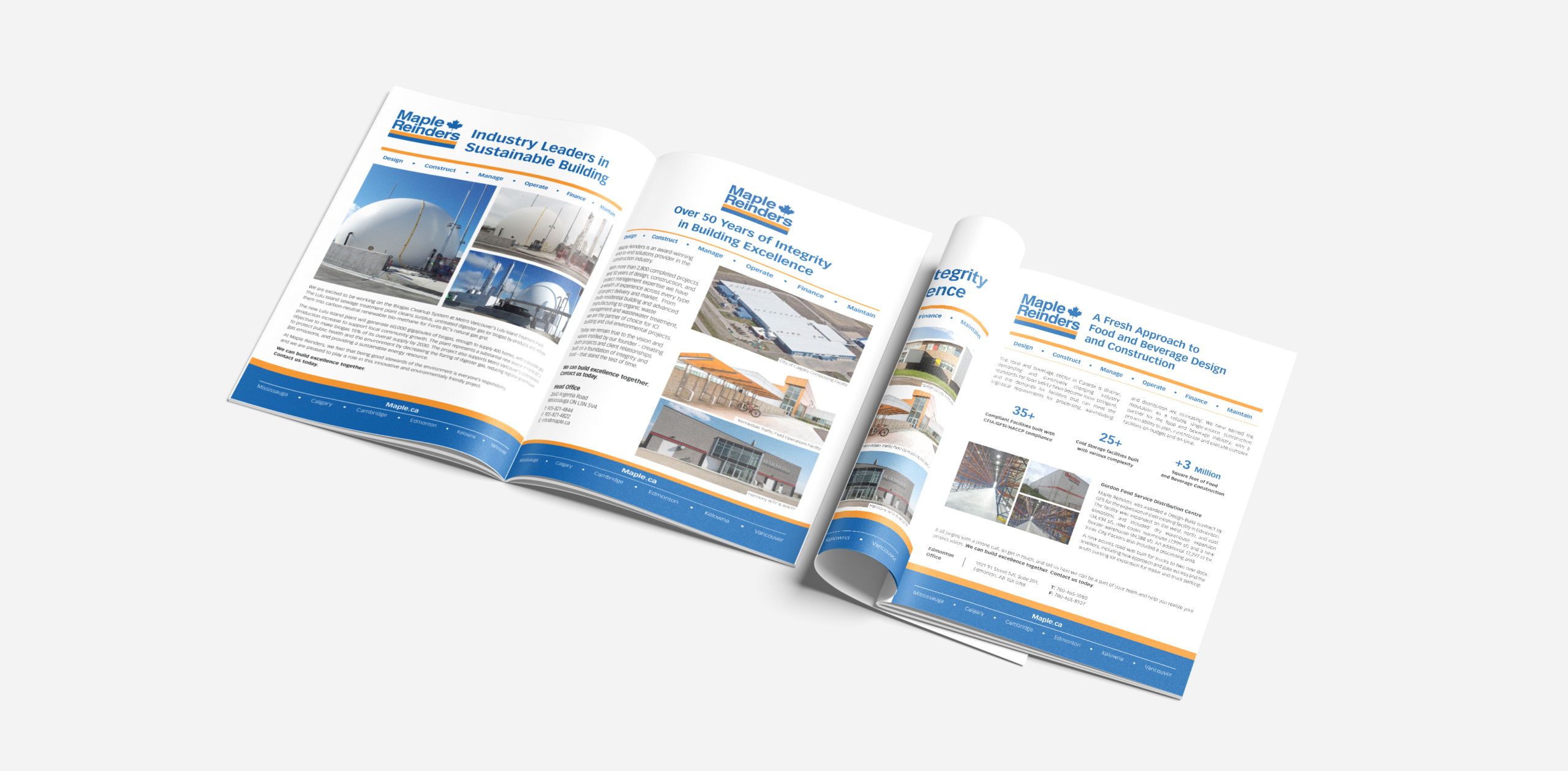 Maple Reinders brochure showcasing sustainable building solutions, featuring images of construction projects, service offerings, and brand identity elements.