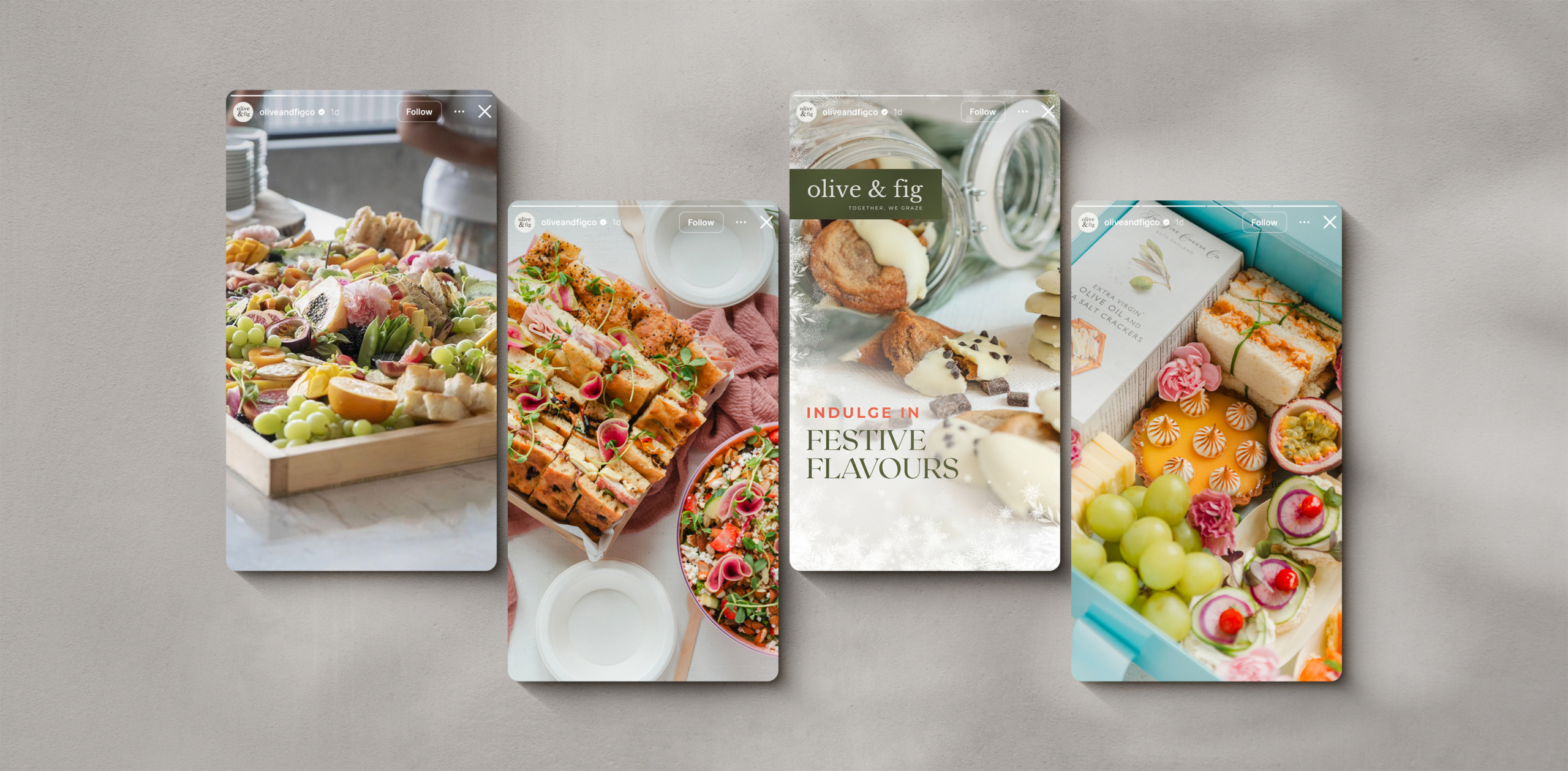 Assorted gourmet platters featuring fruits, sandwiches, and desserts, highlighting Olive & Fig's festive offerings and seasonal flavors.