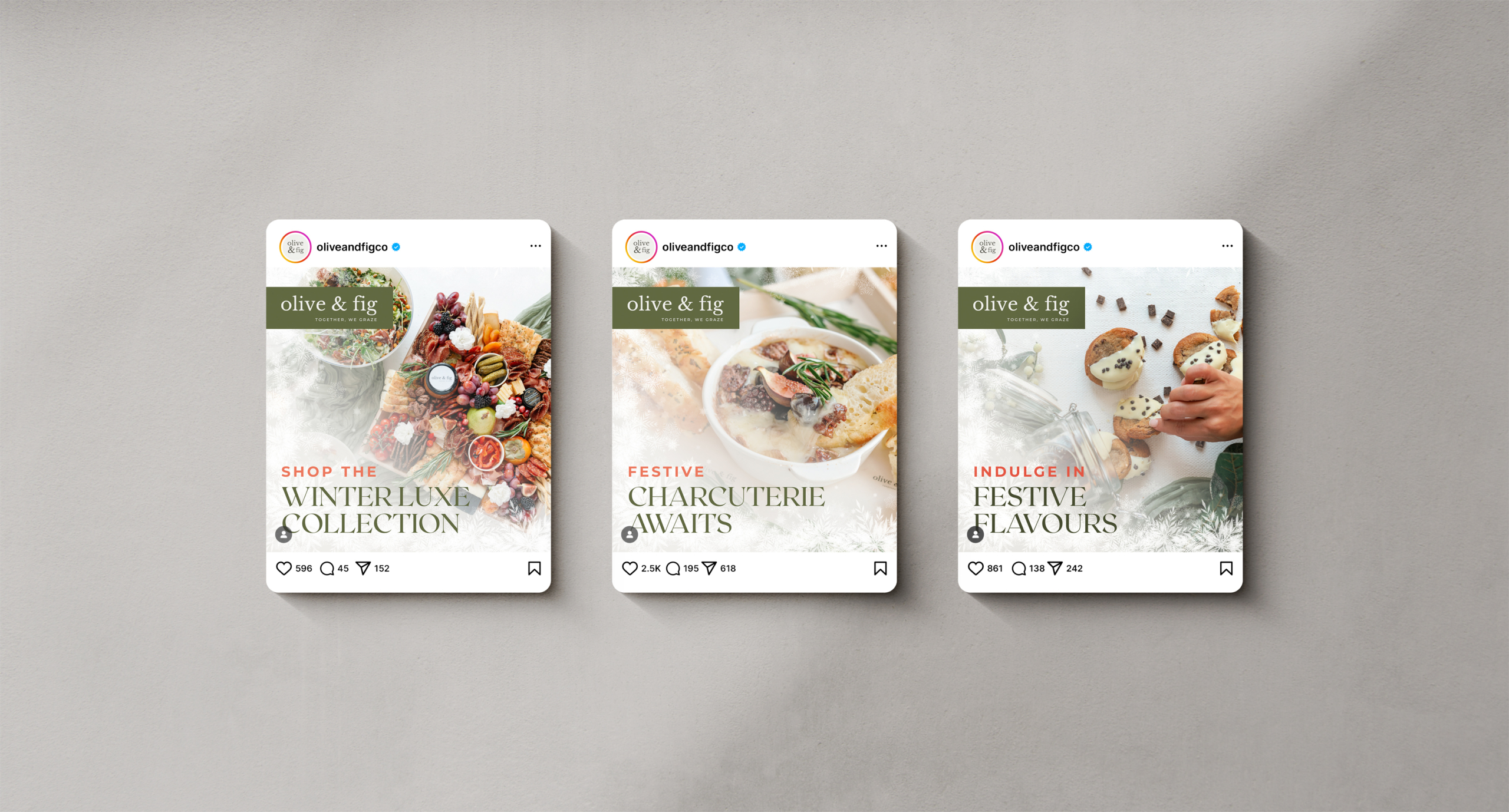 Three promotional Instagram posts for Olive & Fig showcasing seasonal offerings: a vibrant winter collection platter, a festive charcuterie board, and indulgent holiday treats, emphasizing the brand's focus on seasonal marketing and customer engagement.