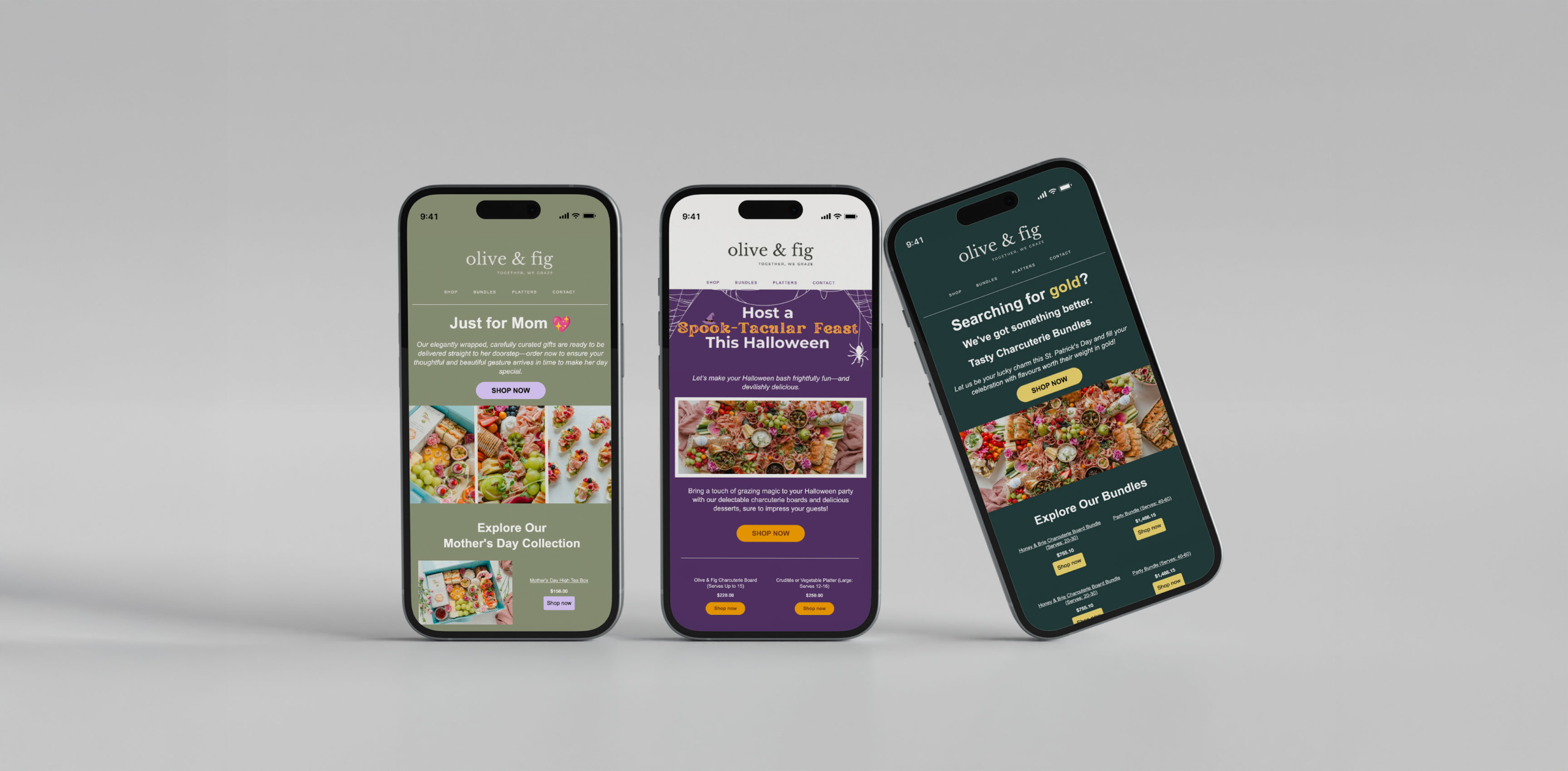 Three smartphones displaying Olive & Fig's email marketing campaigns, showcasing seasonal promotions for Mother's Day and Halloween, featuring visually appealing food arrangements and calls to action.