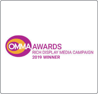 OMMA Awards logo highlighting the 2019 Winner for Rich Display Media Campaign, representing ROC Media Inc.'s achievement in digital advertising excellence.