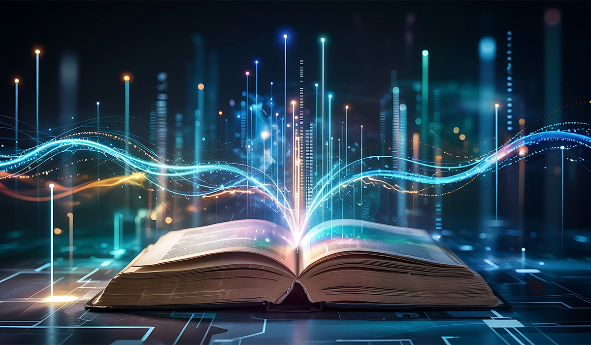 Open book with glowing light and digital elements, symbolizing the power of storytelling in marketing and brand memorability.