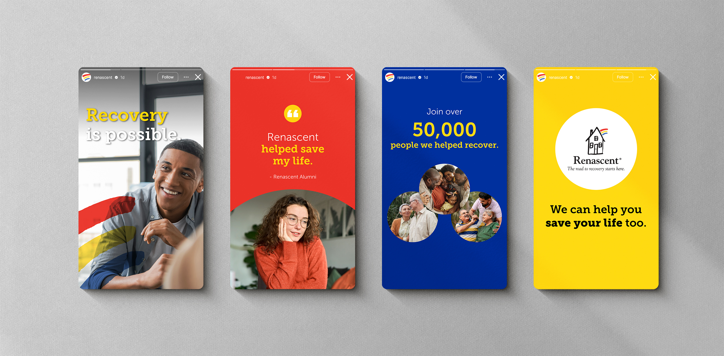 Heartfelt carousel ads promoting Renascent's addiction recovery services, featuring messages like "Recovery is possible," testimonials from alumni, and emphasizing support for over 50,000 individuals.