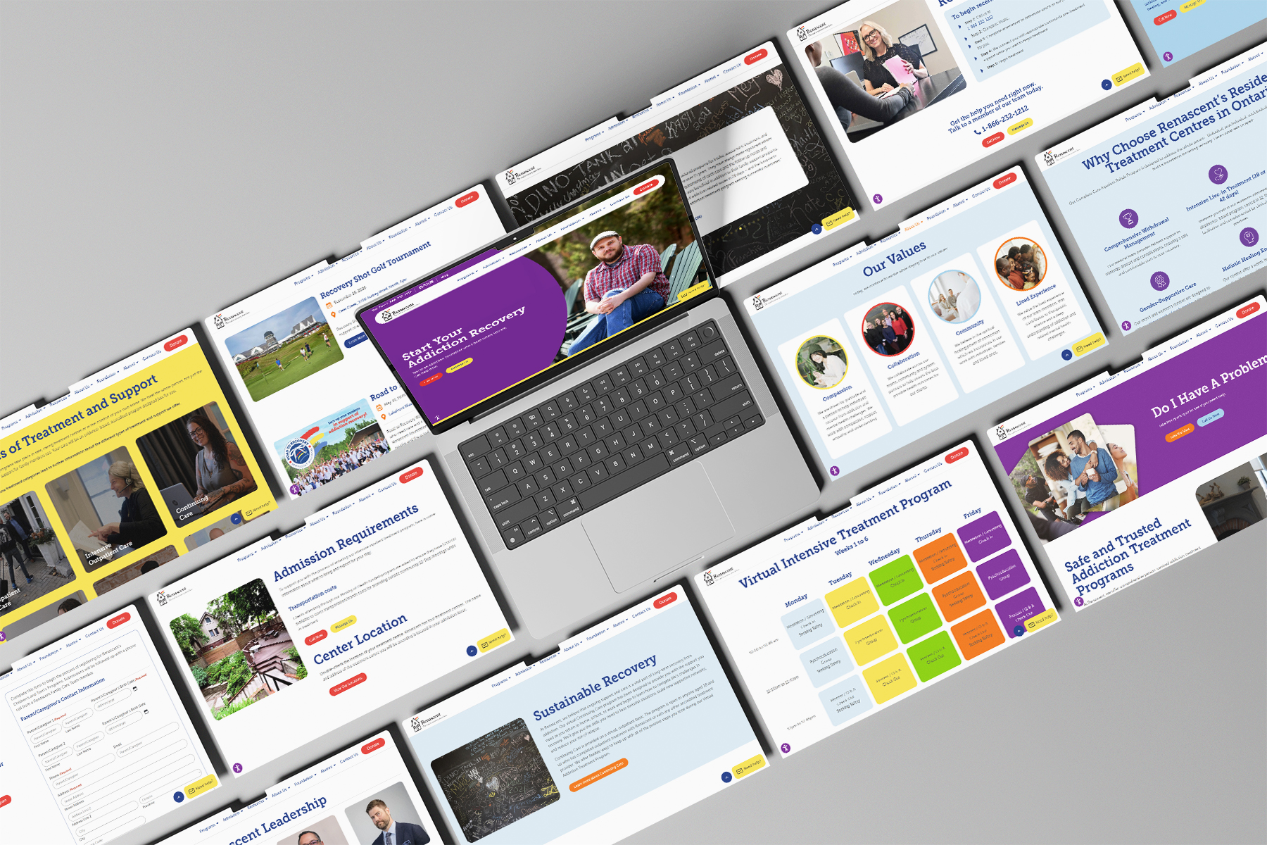 Laptop displaying Renascent's redesigned website with various treatment program pages, emphasizing addiction recovery resources and community support.