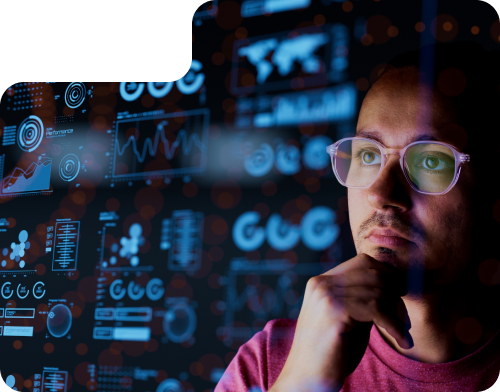 Man contemplating digital marketing data and analytics, with various graphs and charts in the background, representing ROC Media's focus on innovative strategies for client engagement and visibility.