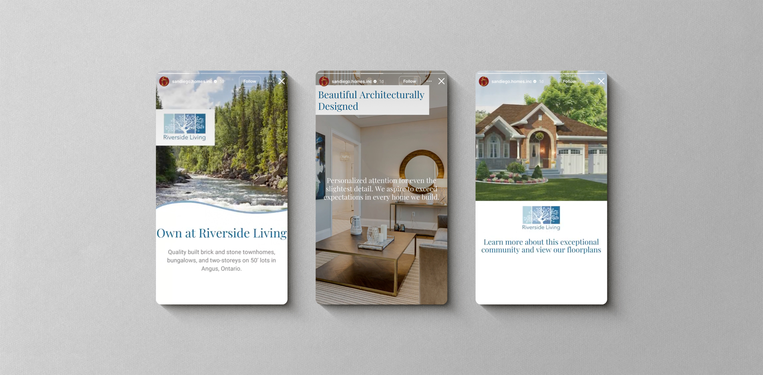 Three Instagram story slides showcasing SanDiego Homes' Riverside Living community, featuring scenic landscapes, interior design elements, and architectural highlights, promoting community and homeownership in Angus, Ontario.