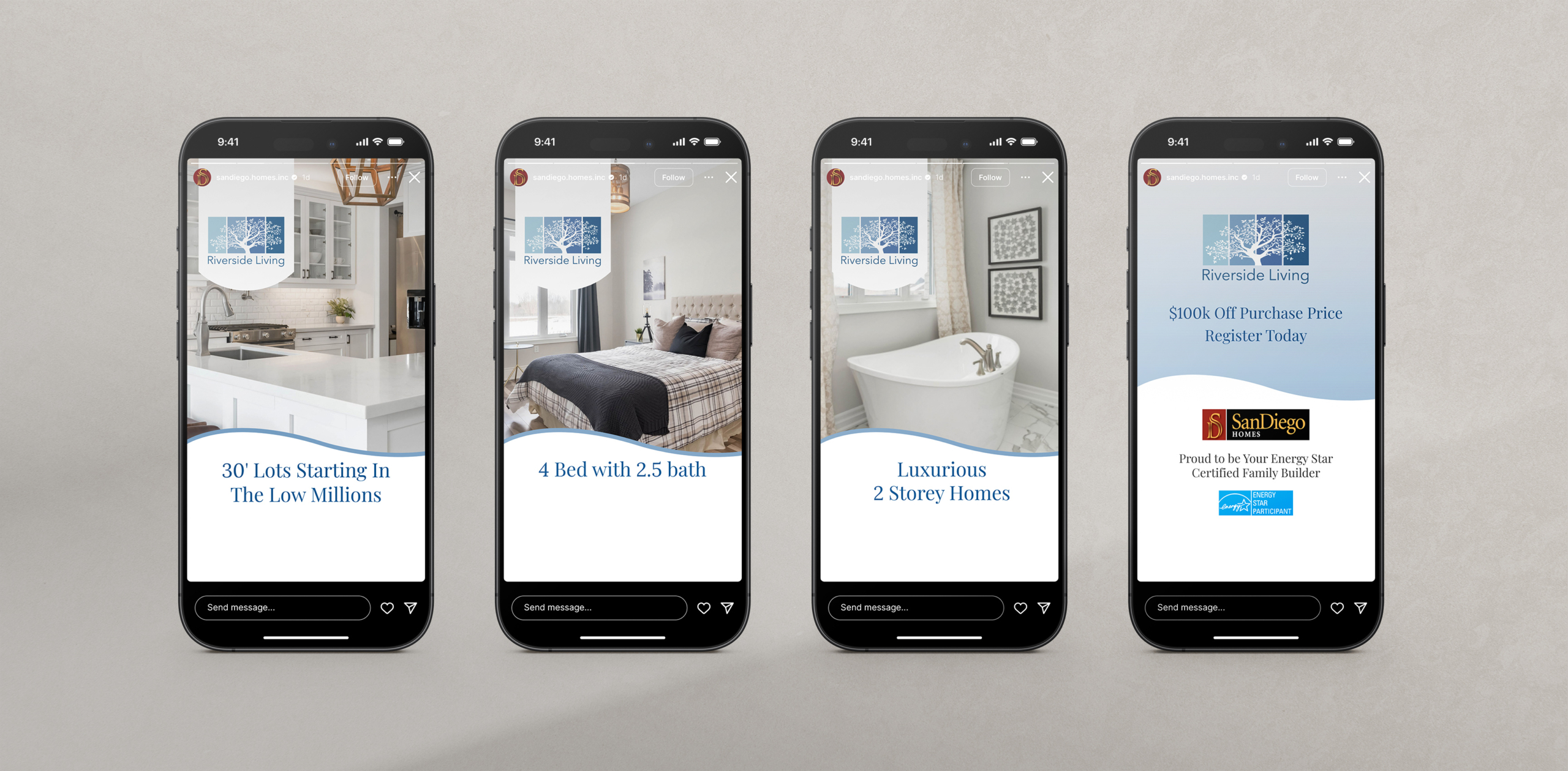 Four smartphone screens displaying Riverside Living advertisements, featuring a kitchen, bedroom, bathroom, and promotional offers, highlighting SanDiego Homes' real estate listings and community features.