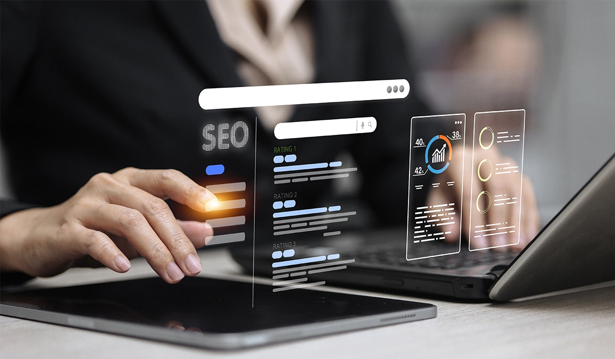Person's hand interacting with a digital interface displaying SEO metrics and search elements, emphasizing digital marketing strategies and content optimization.