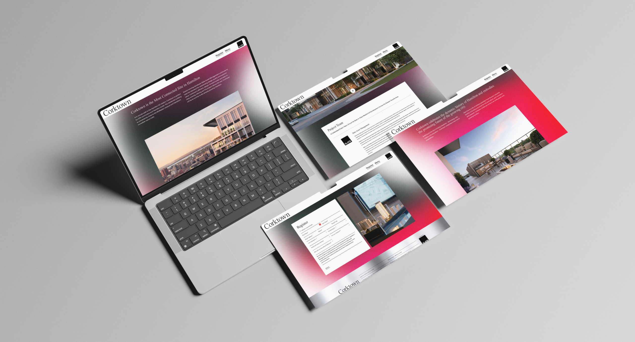 Laptop displaying Corktown Condos website with project information, registration form, and urban living visuals, highlighting ROC Media's marketing strategy for Slate Asset Management.