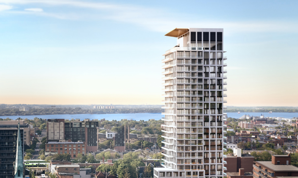 Corktown Condos tower in Hamilton with modern architectural design and urban landscape, showcasing a vibrant city transformation and premier living destination.