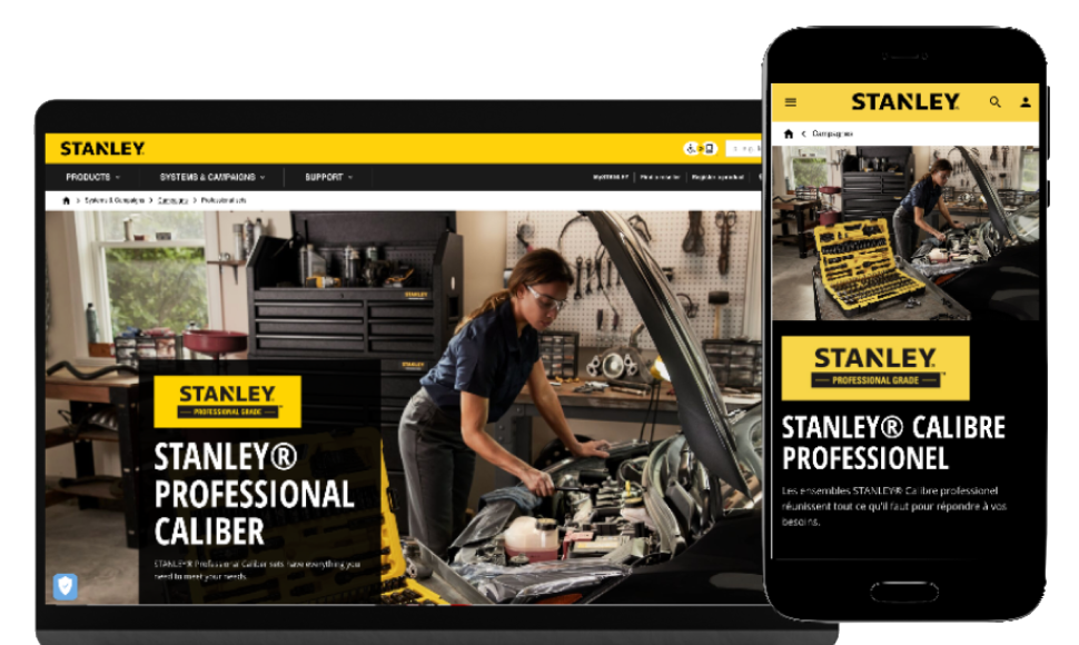 STANLEY® Professional Grade™ campaign promotional image featuring a woman working on a vehicle with STANLEY® tools, displayed on desktop and mobile devices.