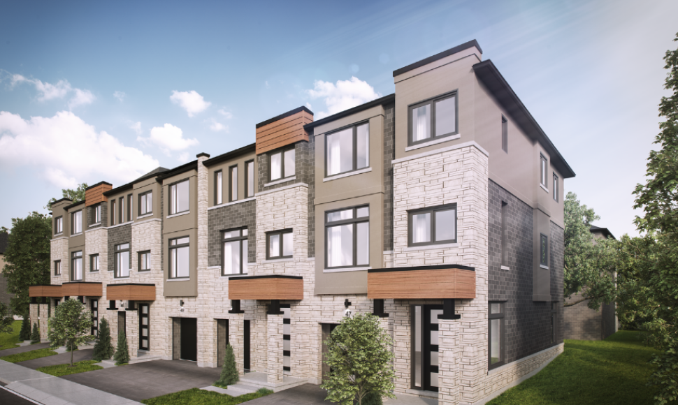 Midtown Toronto residential development featuring modern townhouses with stone and brick exteriors, landscaped front yards, and clear blue skies.